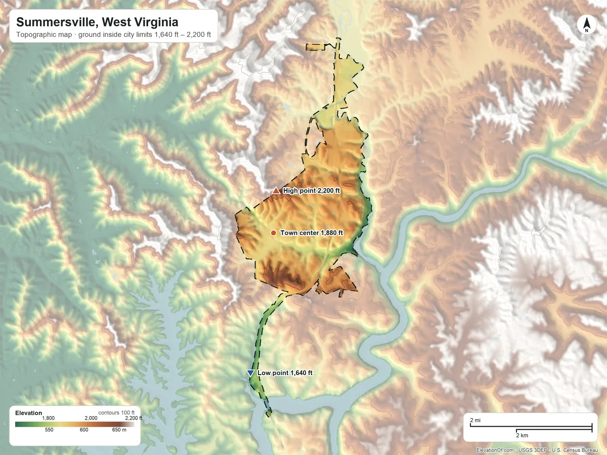 Topographic elevation map of Summersville, West Virginia, shaded from 1,640 ft on the south side to 2,200 ft on the north edge, below higher ground just outside