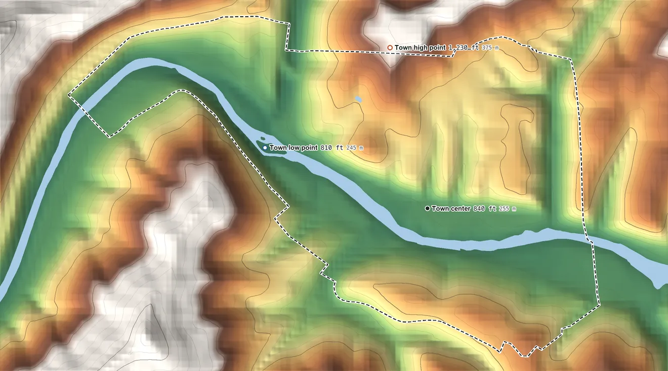Topographic elevation map of Sutton, West Virginia, shaded from 810 ft on the west side to 1,230 ft on the north edge, below higher ground just outside