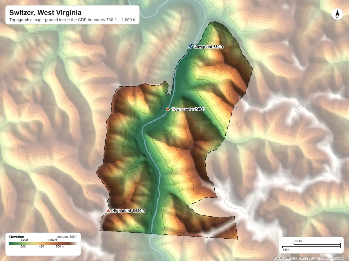 Topographic elevation map of Switzer, West Virginia, shaded from 730 ft on the north side to 1,950 ft on the southwest side