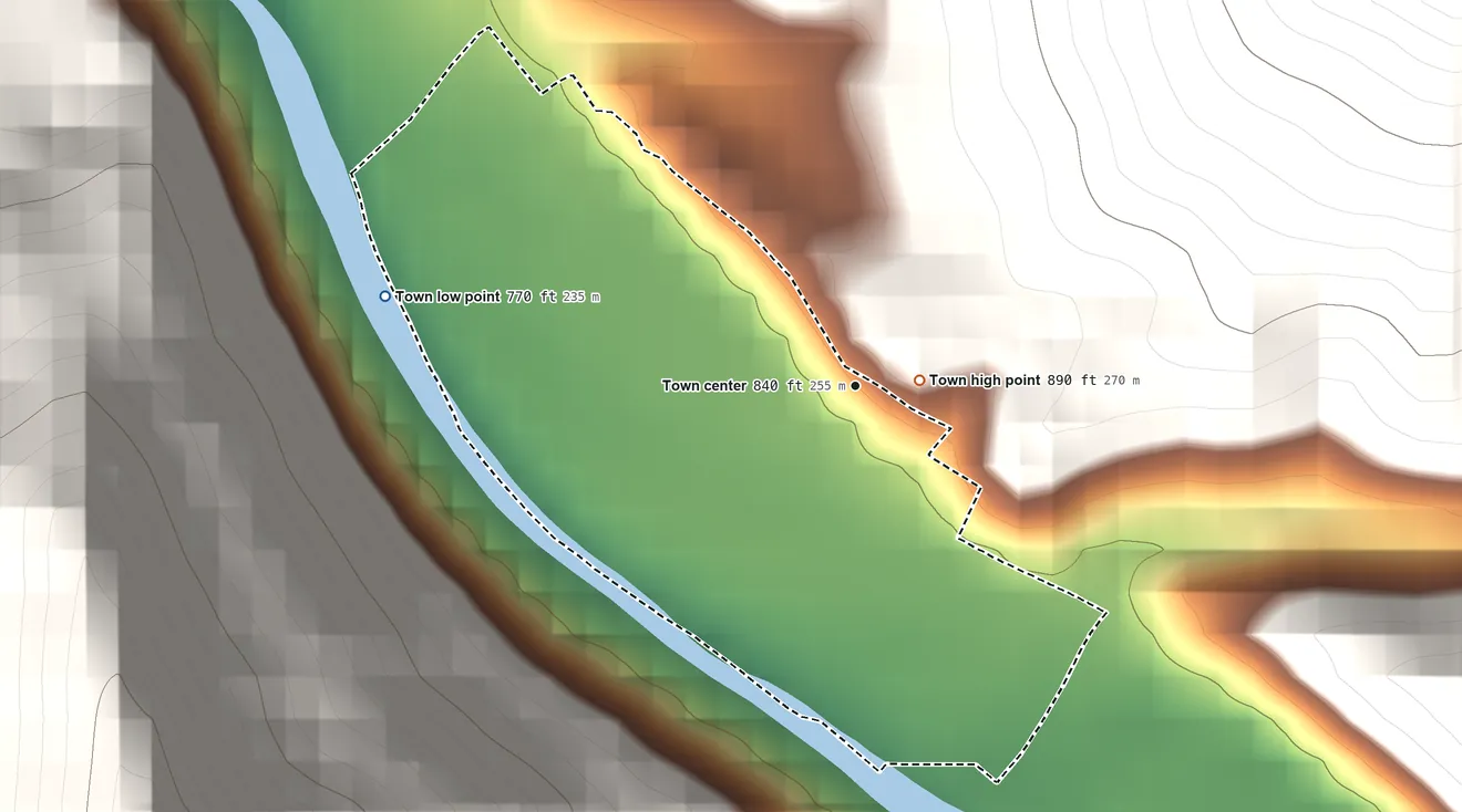 Topographic elevation map of Sylvester, West Virginia, shaded from 770 ft on the west side to 890 ft on the east edge, below higher ground just outside