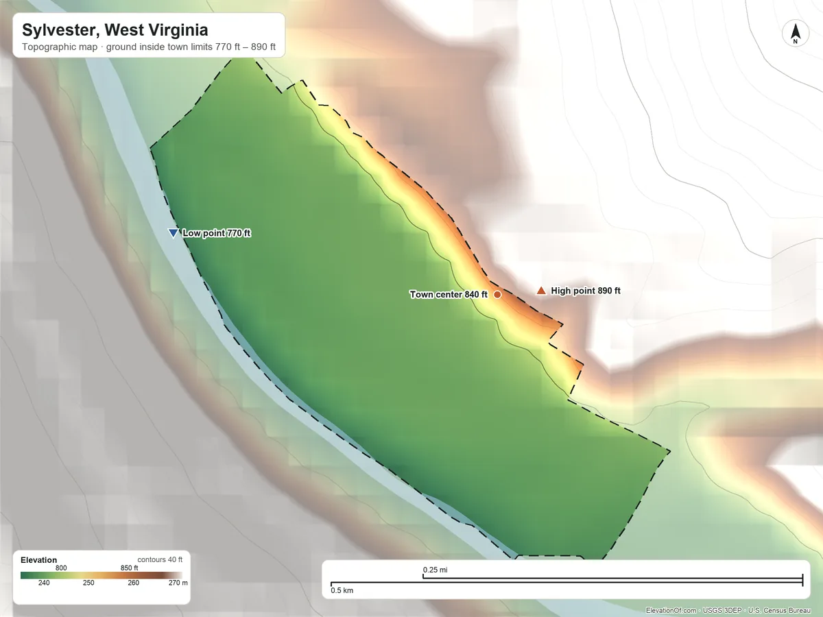 Topographic elevation map of Sylvester, West Virginia, shaded from 770 ft on the west side to 890 ft on the east edge, below higher ground just outside