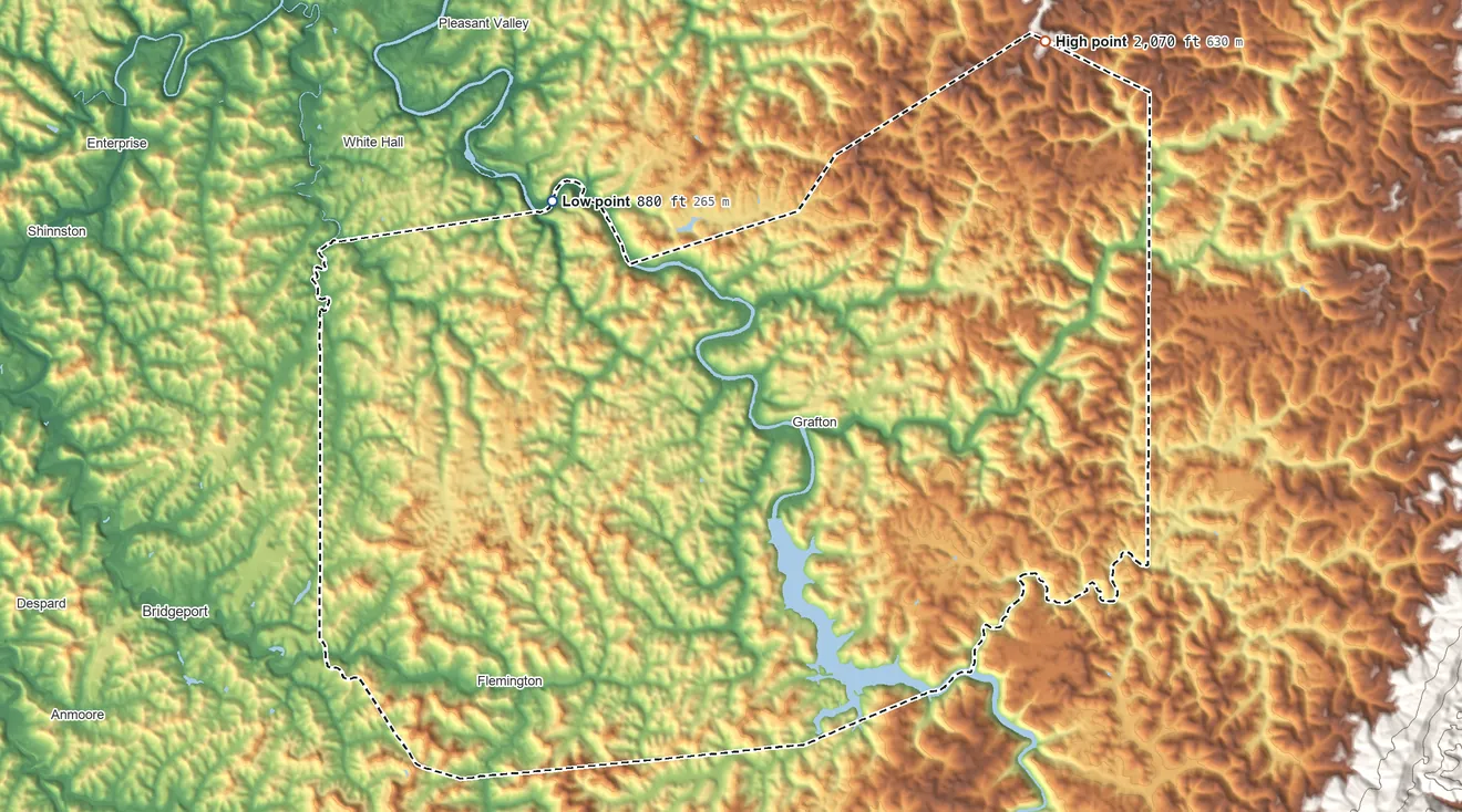 Topographic elevation map of Taylor County, West Virginia, shaded from 880 ft on the northwest side to 2,070 ft on the northeast side