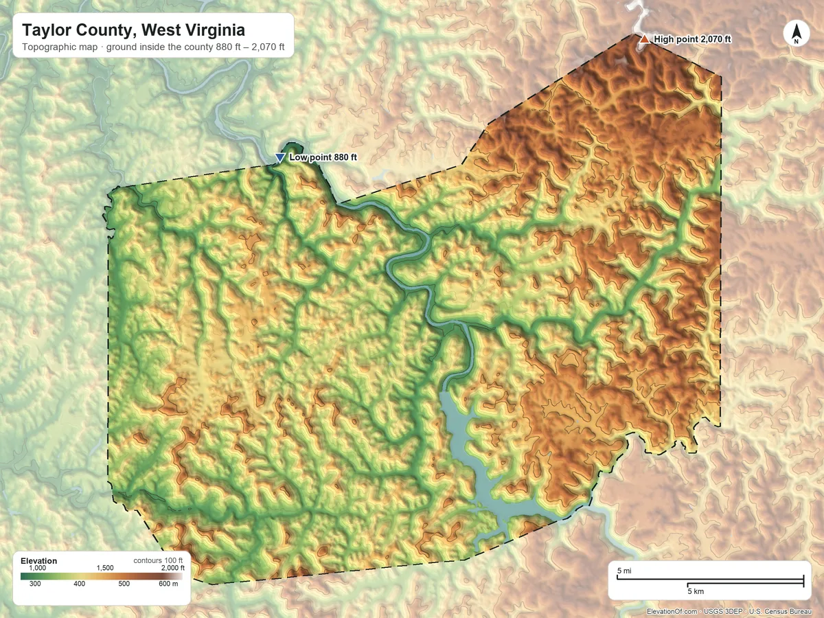 Topographic elevation map of Taylor County, West Virginia, shaded from 880 ft on the northwest side to 2,070 ft on the northeast side