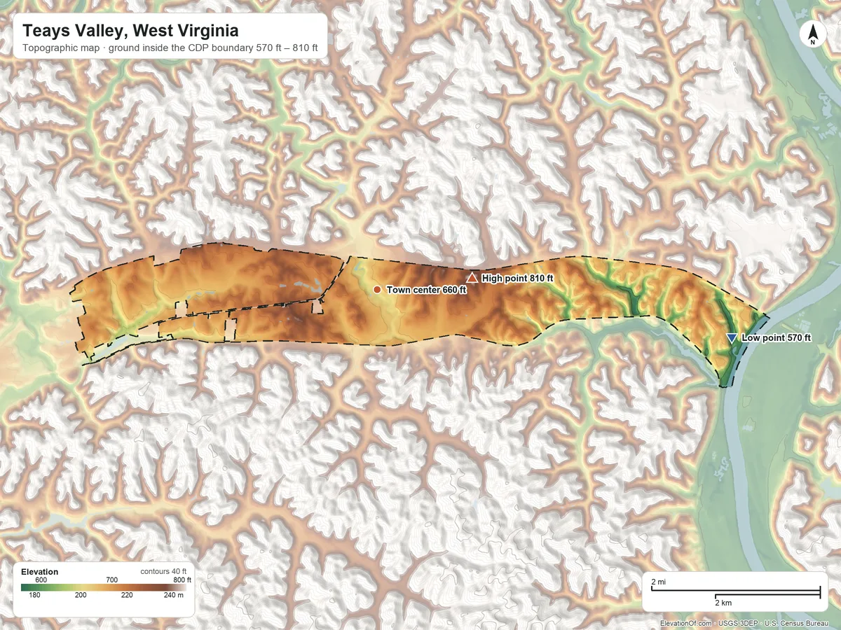 Topographic elevation map of Teays Valley, West Virginia, shaded from 570 ft on the east side to 810 ft on the east side