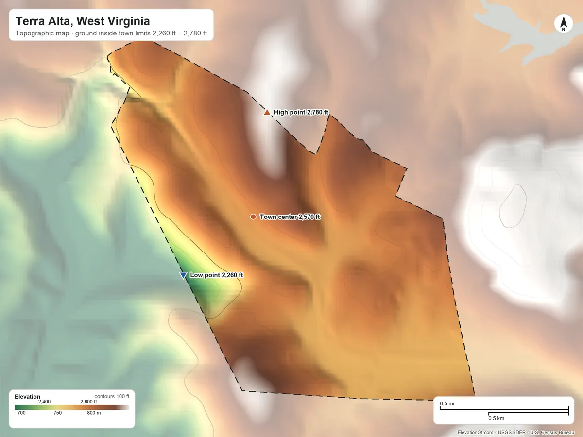 Topographic elevation map of Terra Alta, West Virginia, shaded from 2,260 ft on the southwest side to 2,780 ft on the north side