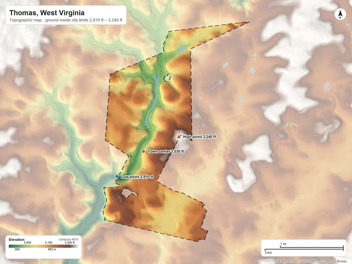 Topographic elevation map of Thomas, West Virginia, shaded from 2,910 ft on the southwest side to 3,240 ft on the northeast side