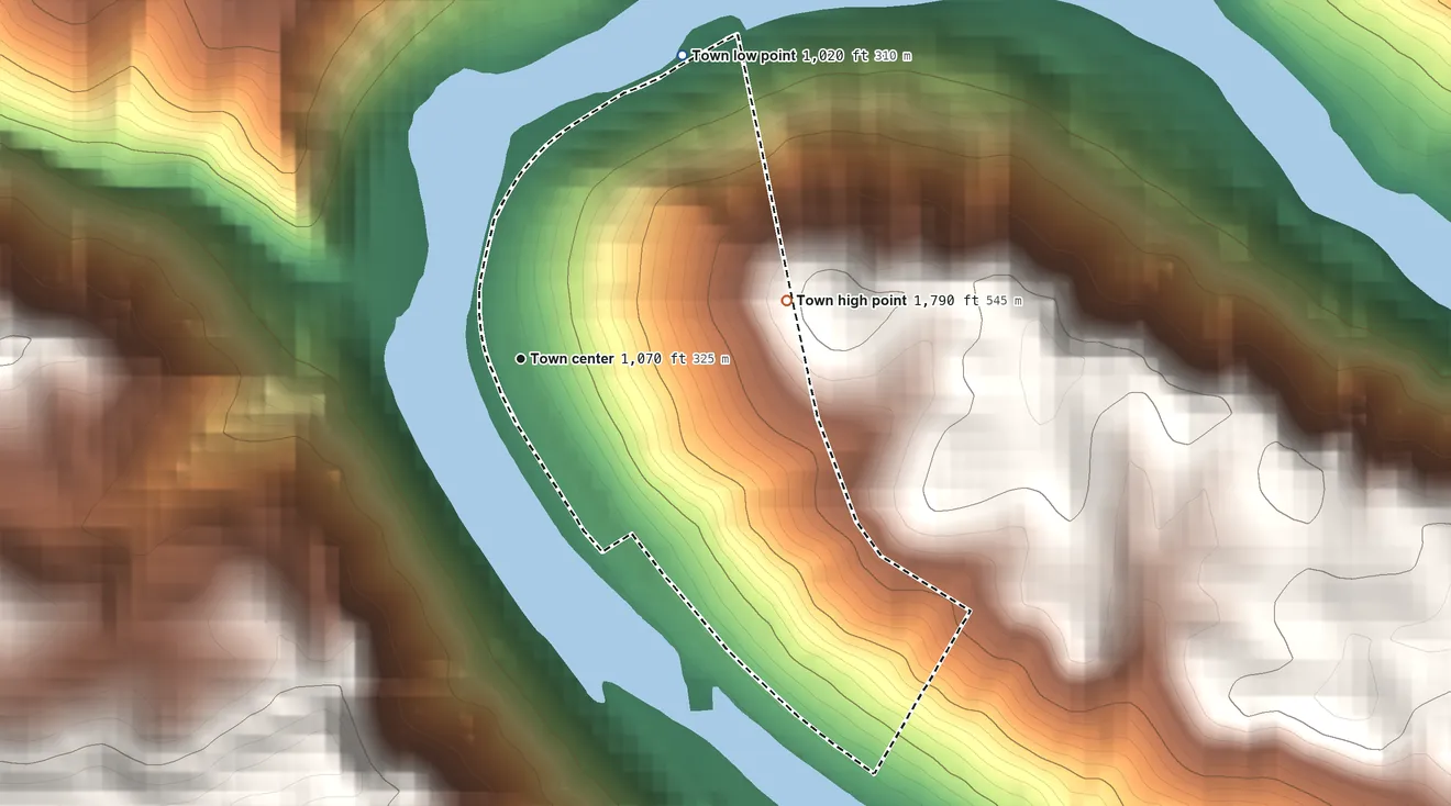 Topographic elevation map of Thurmond, West Virginia, shaded from 1,020 ft on the northeast side to 1,790 ft on the east edge, below higher ground just outside