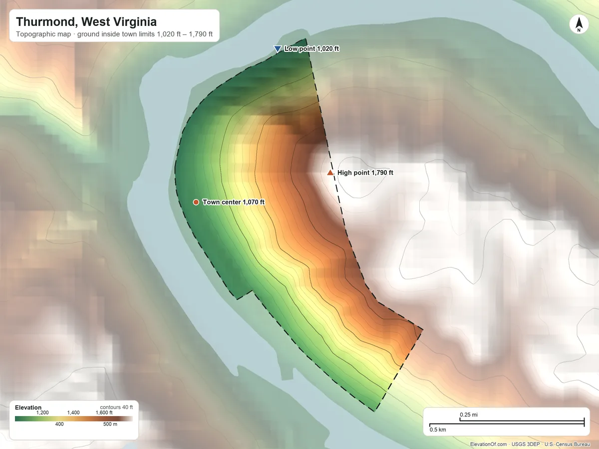 Topographic elevation map of Thurmond, West Virginia, shaded from 1,020 ft on the northeast side to 1,790 ft on the east edge, below higher ground just outside