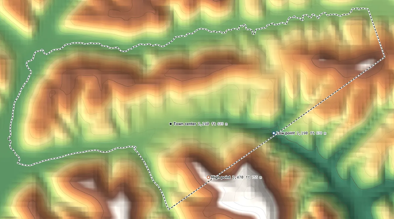 Topographic elevation map of Tioga, West Virginia, shaded from 2,190 ft on the east side to 2,470 ft on the southeast side