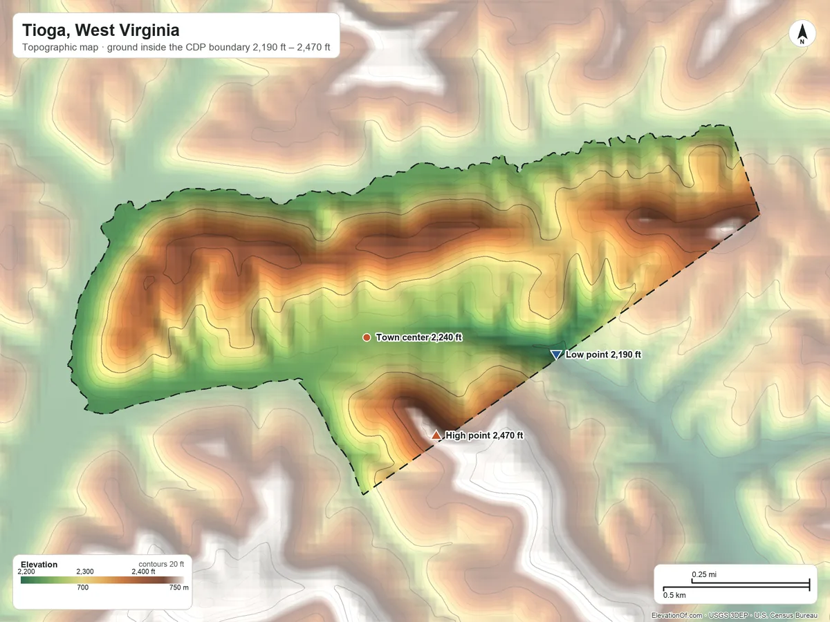 Topographic elevation map of Tioga, West Virginia, shaded from 2,190 ft on the east side to 2,470 ft on the southeast side