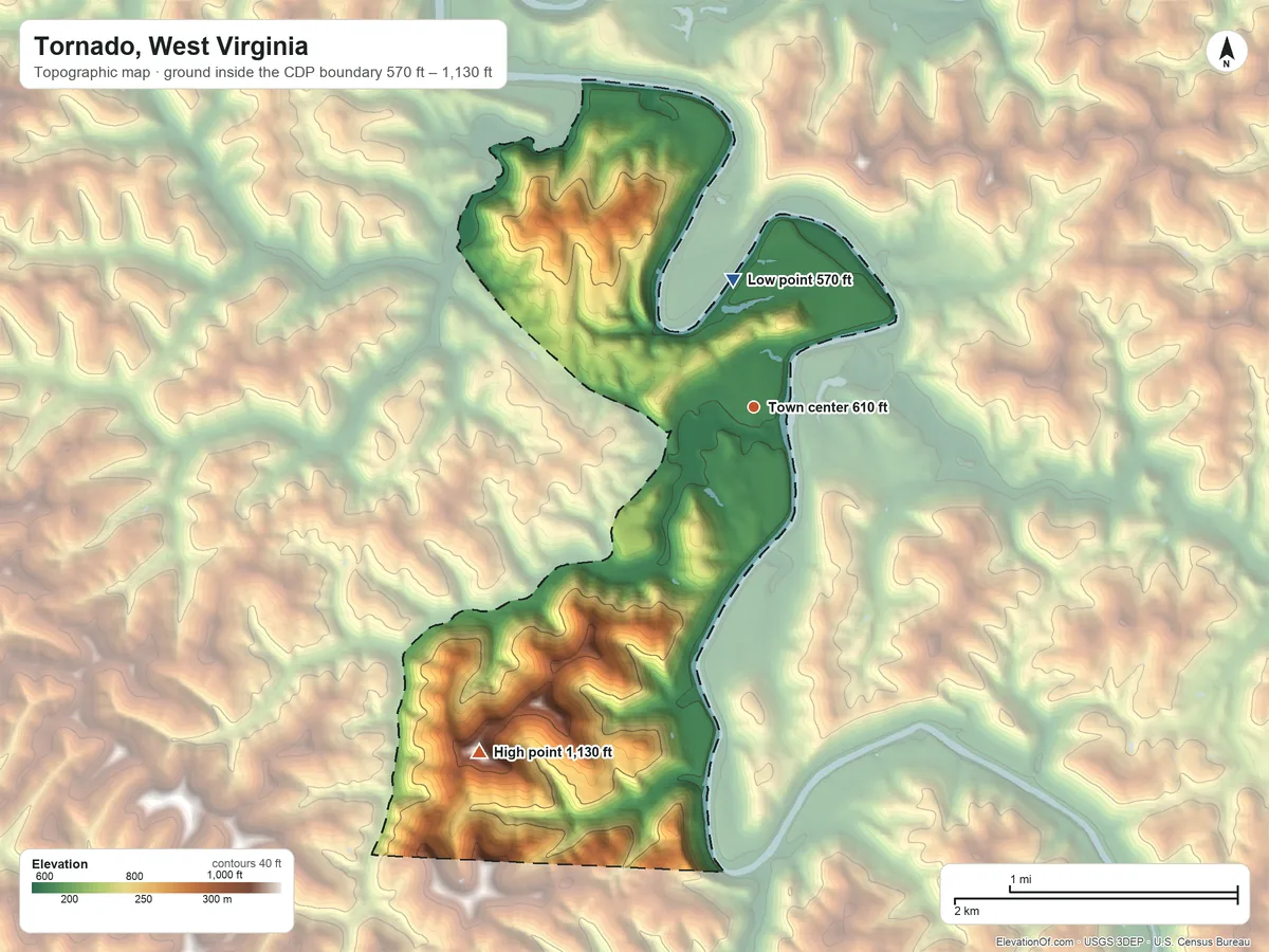 Topographic elevation map of Tornado, West Virginia, shaded from 570 ft on the north side to 1,130 ft on the southwest side
