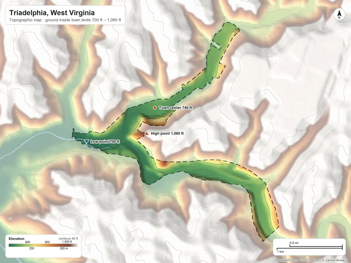 Topographic elevation map of Triadelphia, West Virginia, shaded from 700 ft on the southwest side to 1,060 ft near the middle