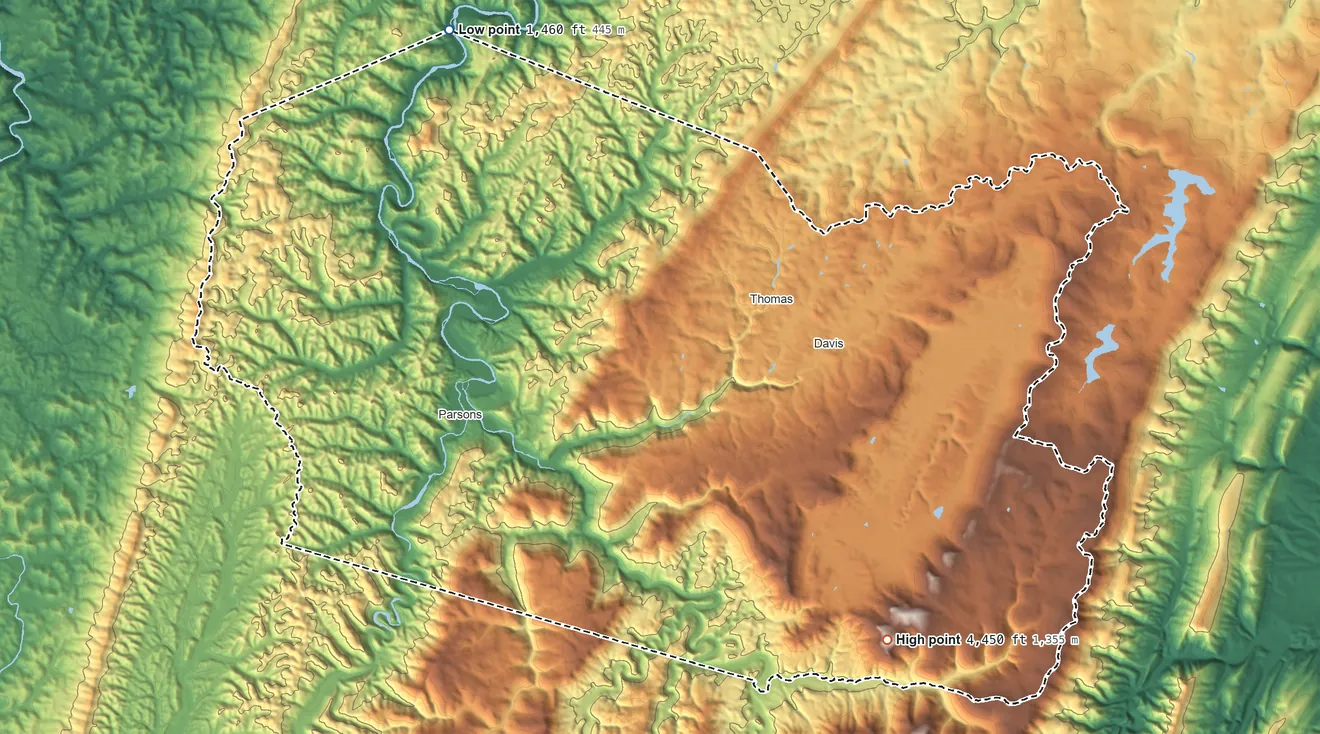 Topographic elevation map of Tucker County, West Virginia, shaded from 1,460 ft on the northwest side to 4,450 ft on Weiss Knob