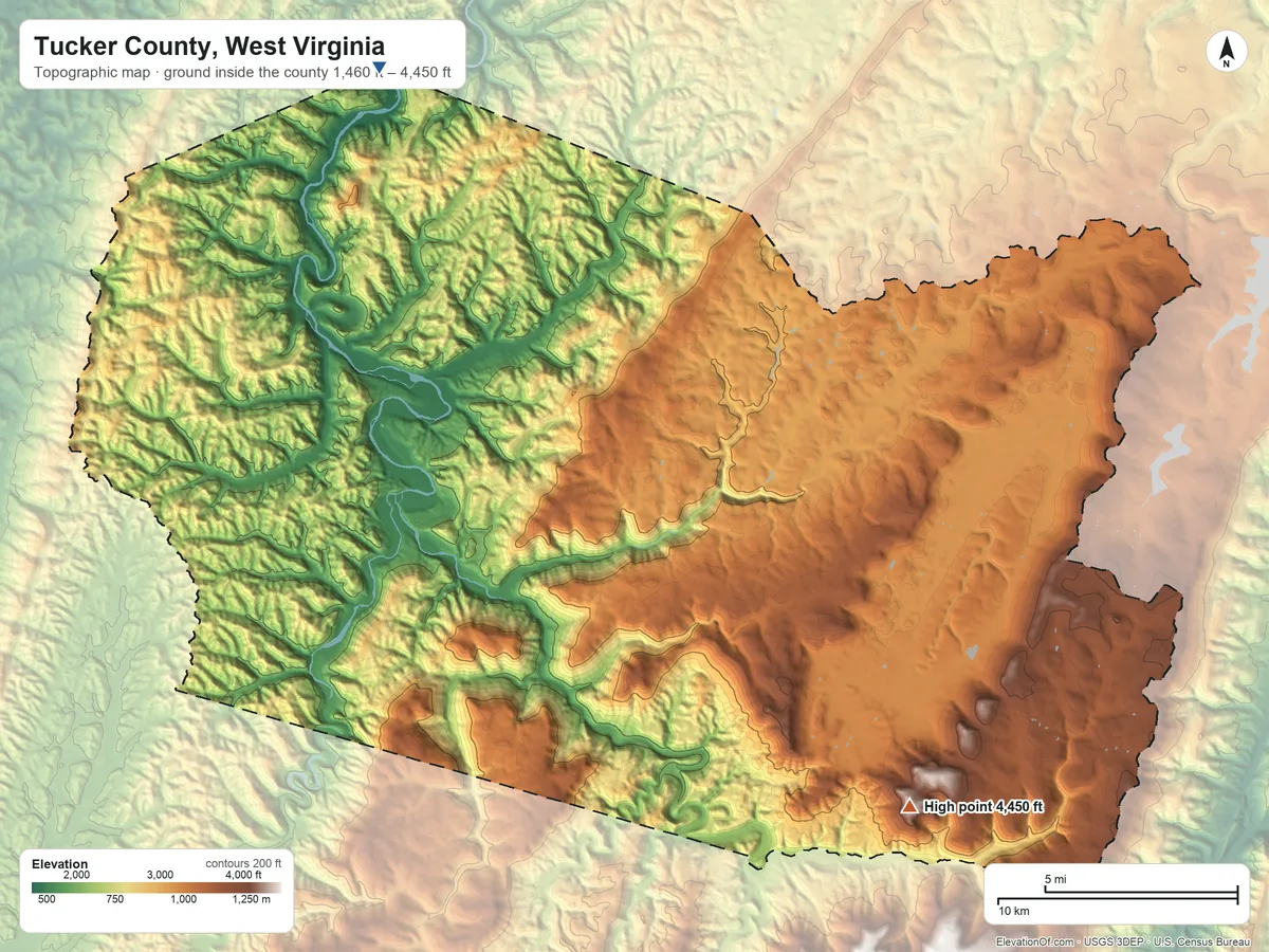 Topographic elevation map of Tucker County, West Virginia, shaded from 1,460 ft on the northwest side to 4,450 ft on Weiss Knob