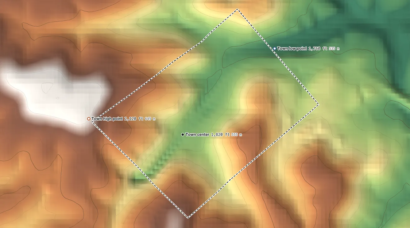 Topographic elevation map of Tunnelton, West Virginia, shaded from 1,760 ft on the northeast side to 2,120 ft on the west side