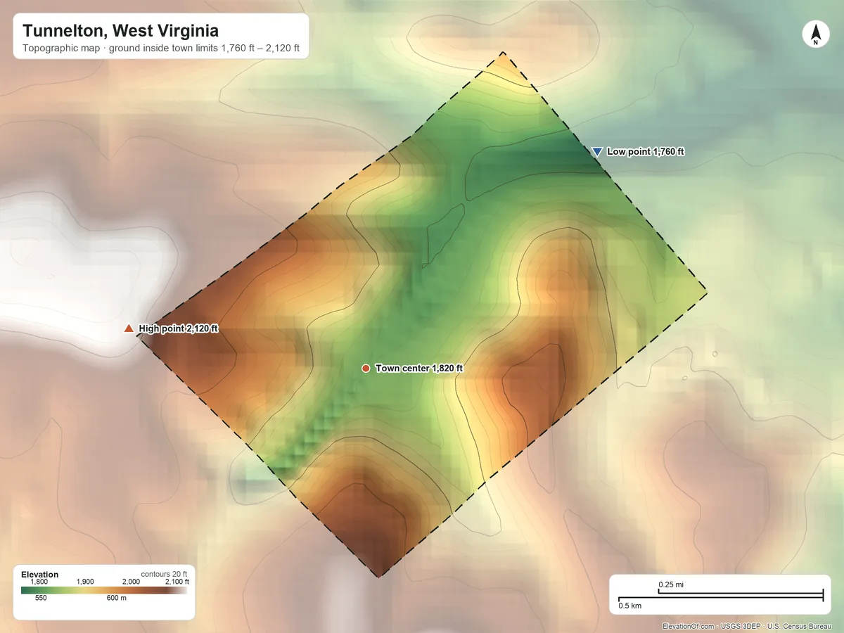 Topographic elevation map of Tunnelton, West Virginia, shaded from 1,760 ft on the northeast side to 2,120 ft on the west side