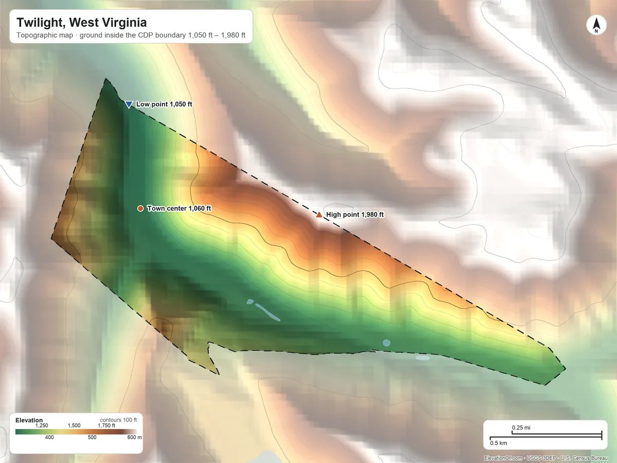Topographic elevation map of Twilight, West Virginia, shaded from 1,050 ft on the north side to 1,980 ft on the east side