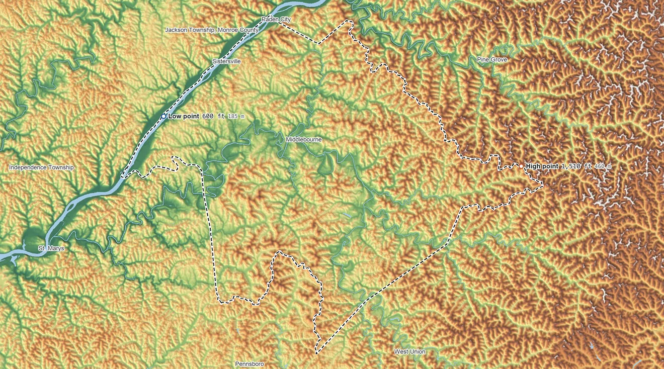 Topographic elevation map of Tyler County, West Virginia, shaded from 600 ft on the west side to 1,510 ft on the east side