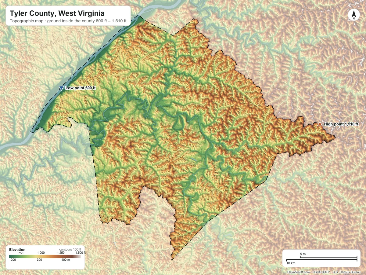 Topographic elevation map of Tyler County, West Virginia, shaded from 600 ft on the west side to 1,510 ft on the east side