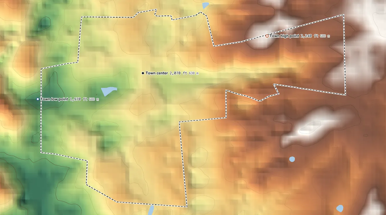 Topographic elevation map of Union, West Virginia, shaded from 1,970 ft on the west side to 2,240 ft at the foot of the Potts Mountain