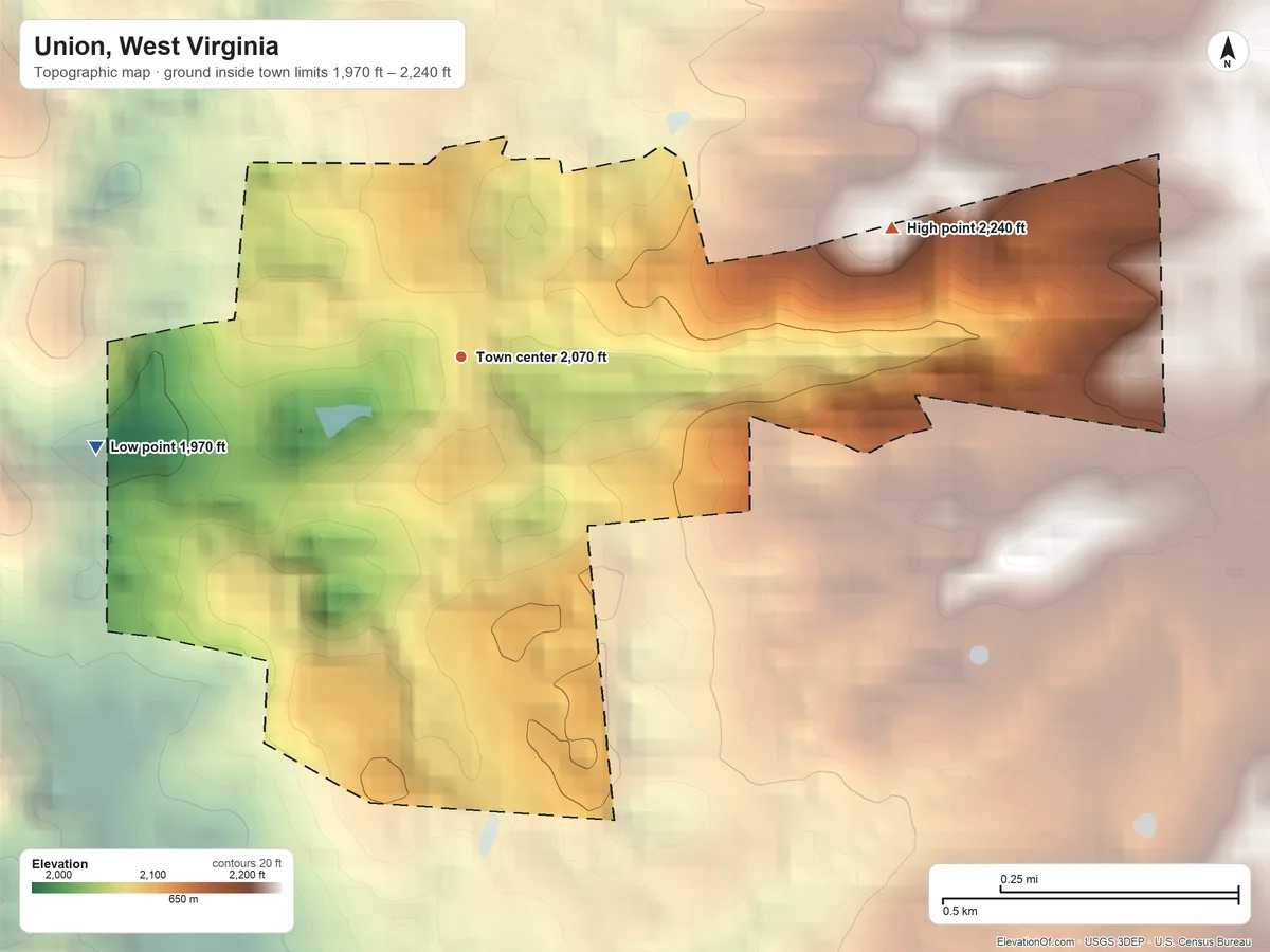 Topographic elevation map of Union, West Virginia, shaded from 1,970 ft on the west side to 2,240 ft at the foot of the Potts Mountain