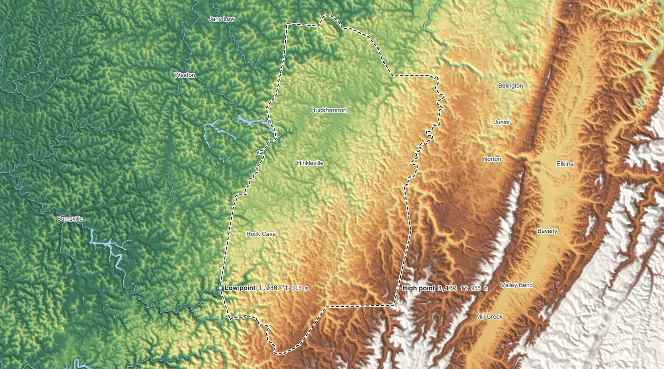Topographic elevation map of Upshur County, West Virginia, shaded from 1,030 ft on the southwest side to 3,130 ft on the southeast side