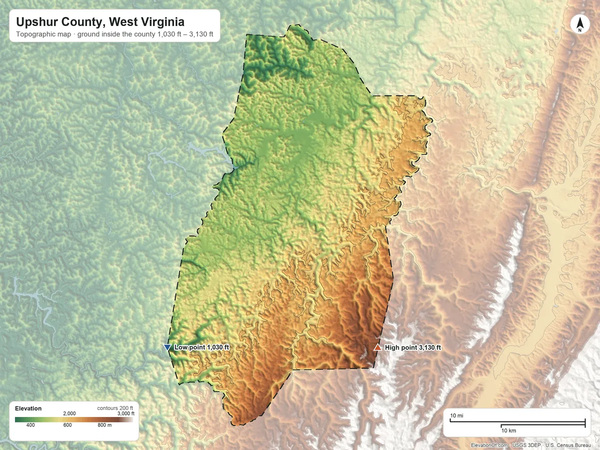 Topographic elevation map of Upshur County, West Virginia, shaded from 1,030 ft on the southwest side to 3,130 ft on the southeast side