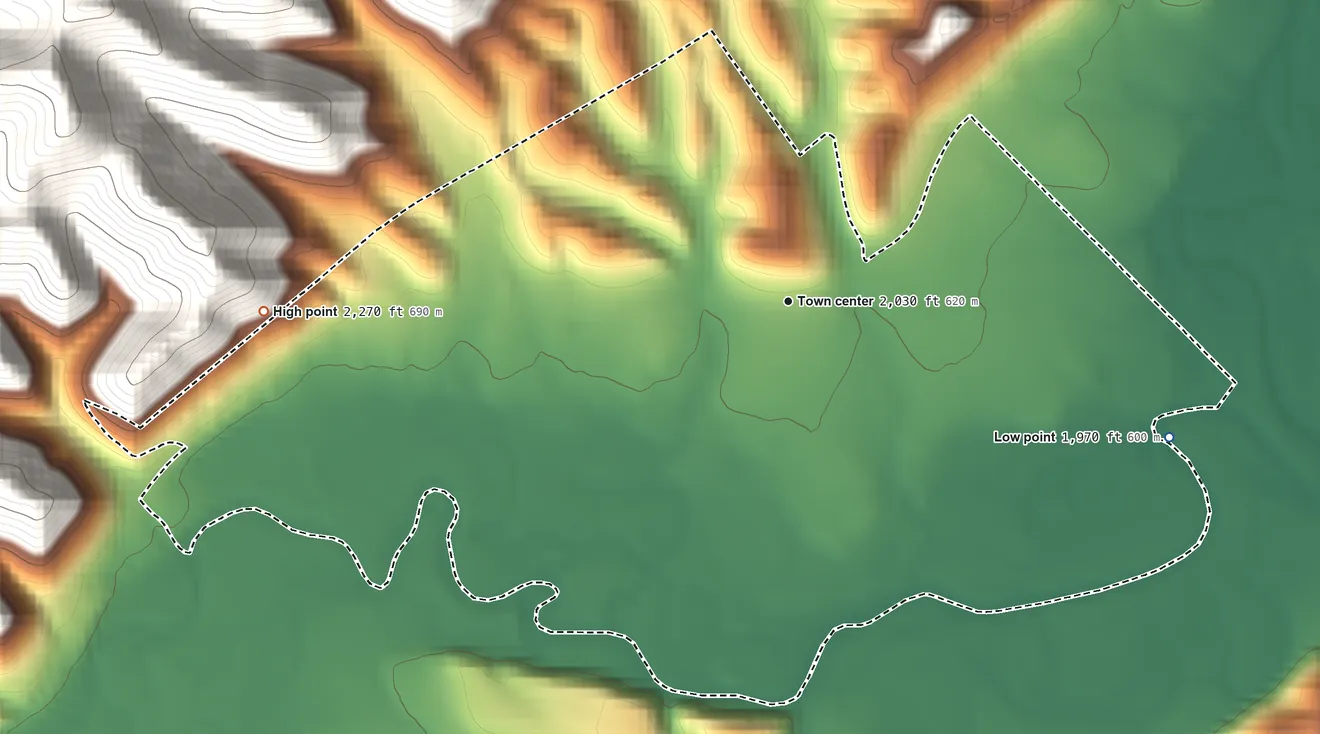Topographic elevation map of Valley Bend, West Virginia, shaded from 1,970 ft on the east side to 2,270 ft on the west edge, below higher ground just outside