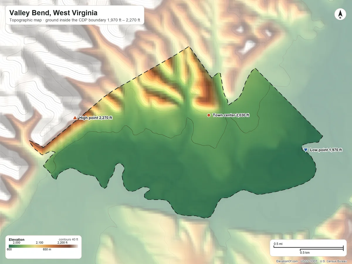 Topographic elevation map of Valley Bend, West Virginia, shaded from 1,970 ft on the east side to 2,270 ft on the west edge, below higher ground just outside