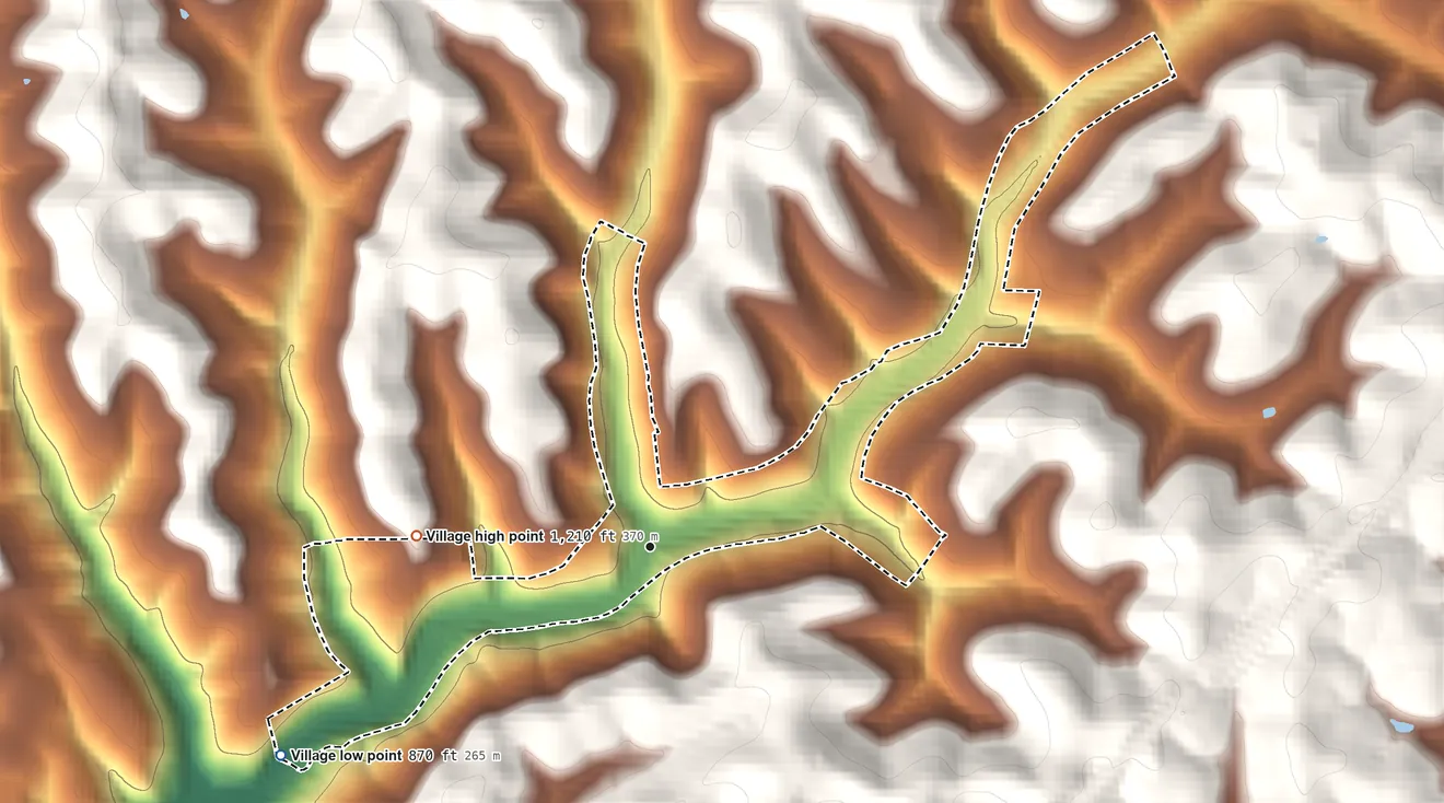 Topographic elevation map of Valley Grove, West Virginia, shaded from 870 ft on the southwest side to 1,210 ft on the west side