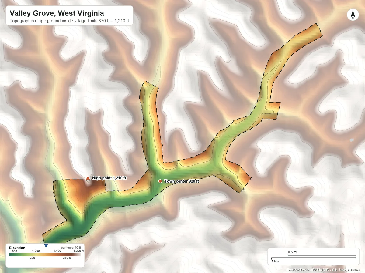 Topographic elevation map of Valley Grove, West Virginia, shaded from 870 ft on the southwest side to 1,210 ft on the west side