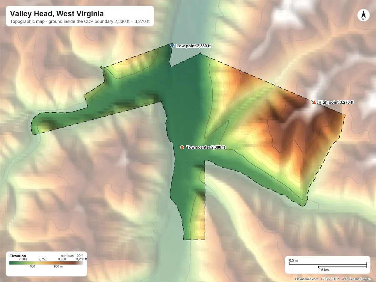 Topographic elevation map of Valley Head, West Virginia, shaded from 2,330 ft on the north side to 3,270 ft on the east edge, below higher ground just outside