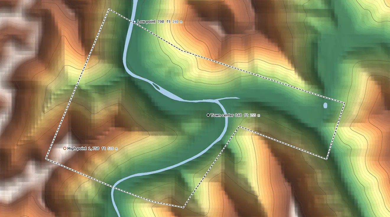 Topographic elevation map of Van, West Virginia, shaded from 790 ft on the northwest side to 1,750 ft on the west side