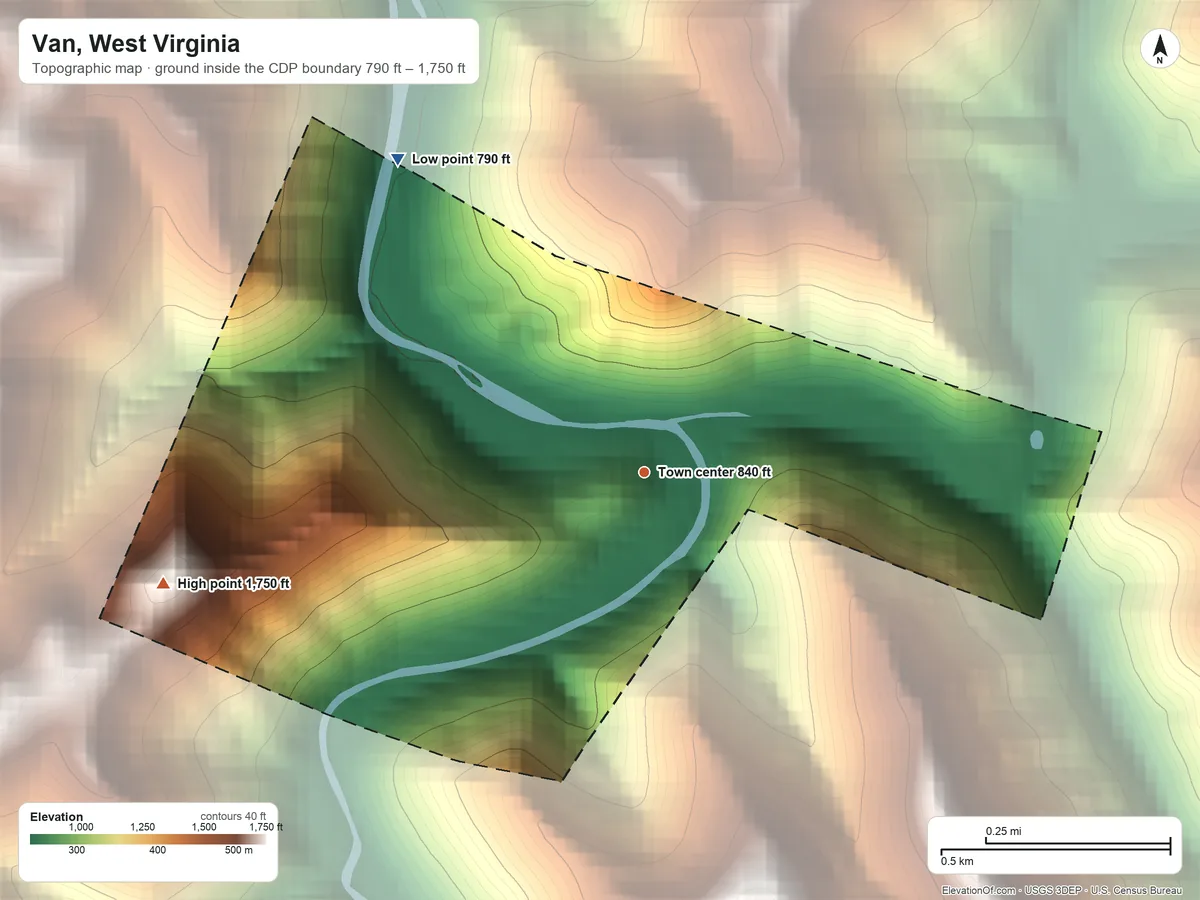 Topographic elevation map of Van, West Virginia, shaded from 790 ft on the northwest side to 1,750 ft on the west side