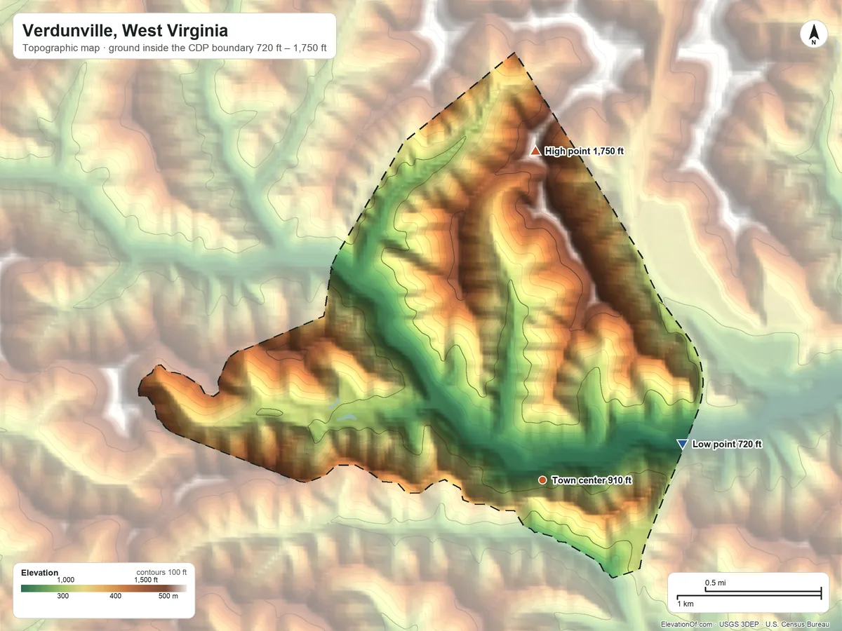 Topographic elevation map of Verdunville, West Virginia, shaded from 720 ft on the east side to 1,750 ft on the north side