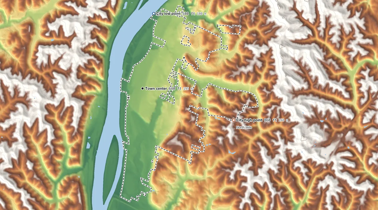 Topographic elevation map of Vienna, West Virginia, shaded from 580 ft on the north side to 860 ft on the east side
