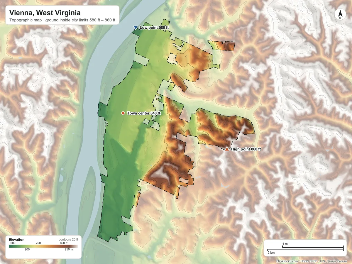 Topographic elevation map of Vienna, West Virginia, shaded from 580 ft on the north side to 860 ft on the east side