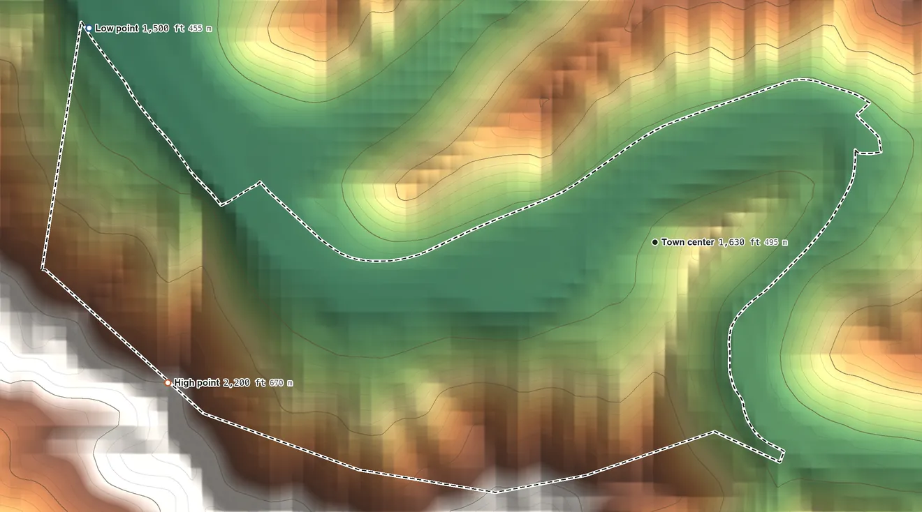 Topographic elevation map of Vivian, West Virginia, shaded from 1,500 ft on the west side to 2,200 ft on the west edge, below higher ground just outside
