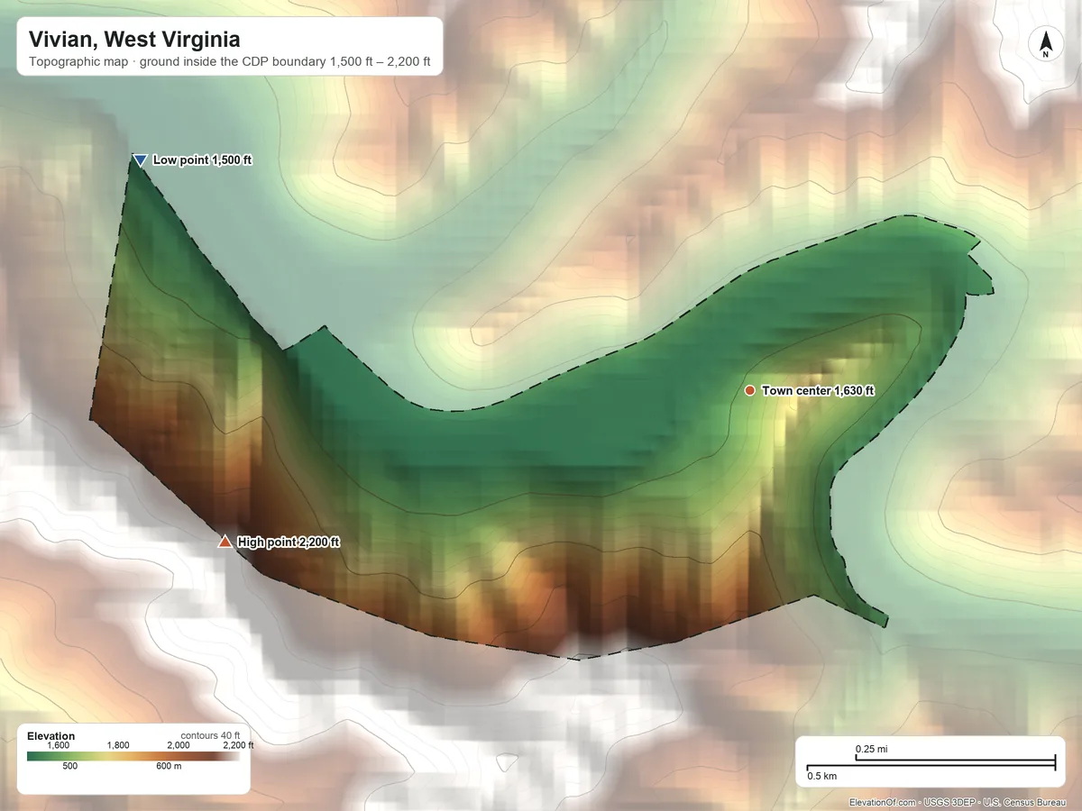 Topographic elevation map of Vivian, West Virginia, shaded from 1,500 ft on the west side to 2,200 ft on the west edge, below higher ground just outside