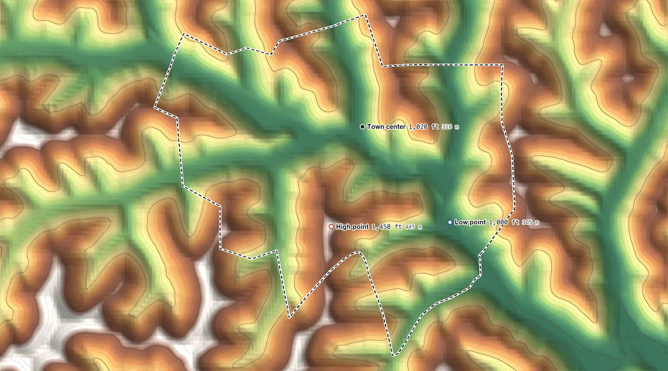 Topographic elevation map of Wallace, West Virginia, shaded from 1,000 ft on the southeast side to 1,450 ft on the south side