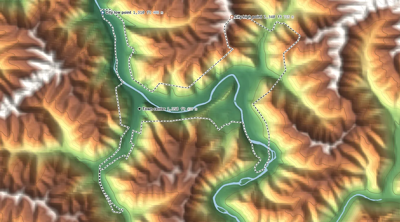Topographic elevation map of War, West Virginia, shaded from 1,310 ft on the north side to 2,340 ft on the northeast side