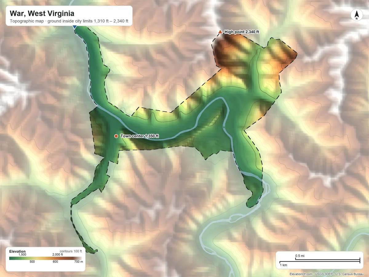 Topographic elevation map of War, West Virginia, shaded from 1,310 ft on the north side to 2,340 ft on the northeast side