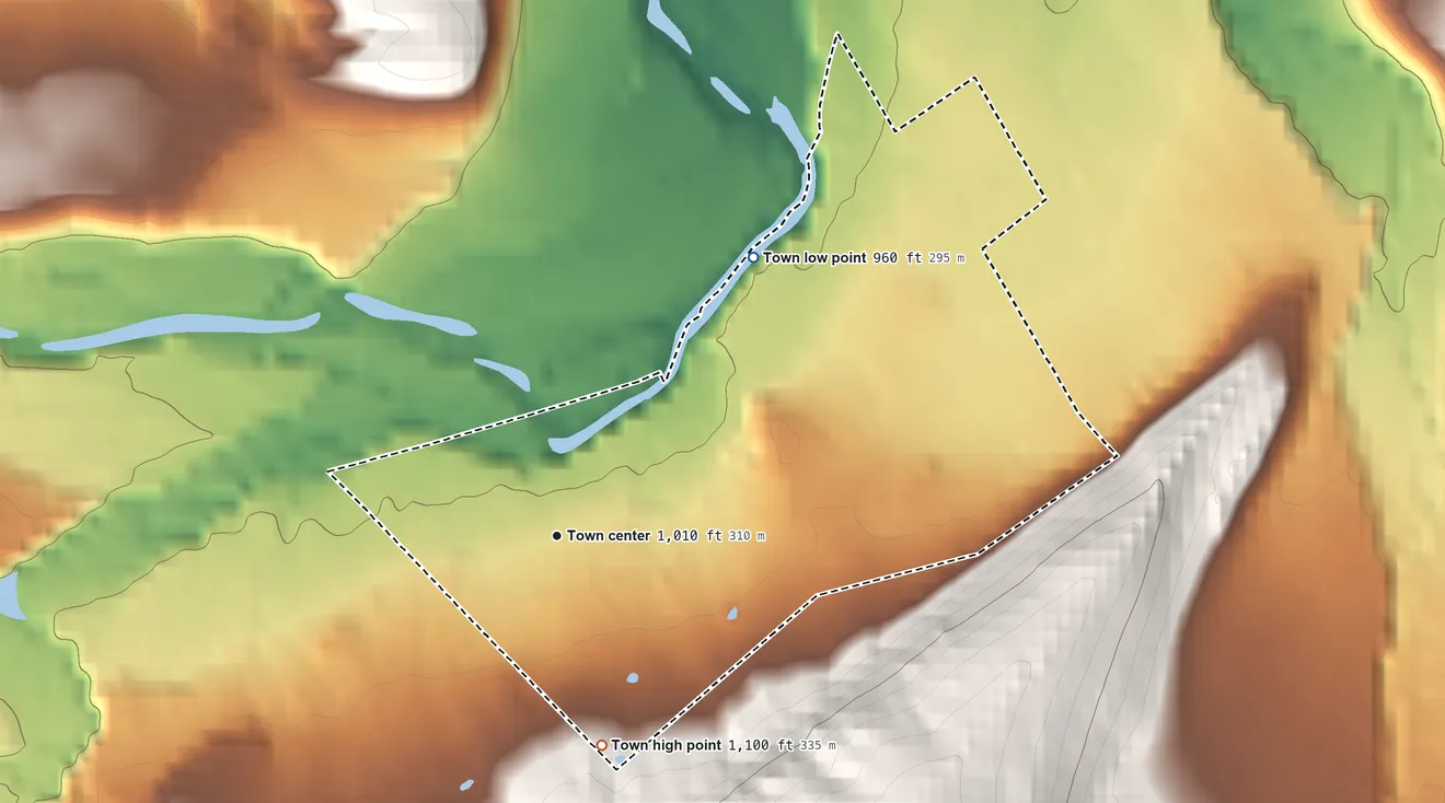 Topographic elevation map of Wardensville, West Virginia, shaded from 960 ft on the northeast side to 1,100 ft on the south edge, below higher ground just outside