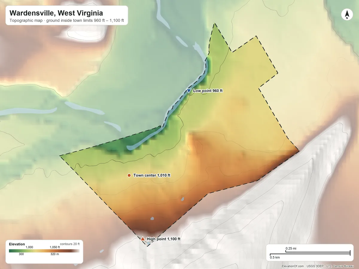Topographic elevation map of Wardensville, West Virginia, shaded from 960 ft on the northeast side to 1,100 ft on the south edge, below higher ground just outside