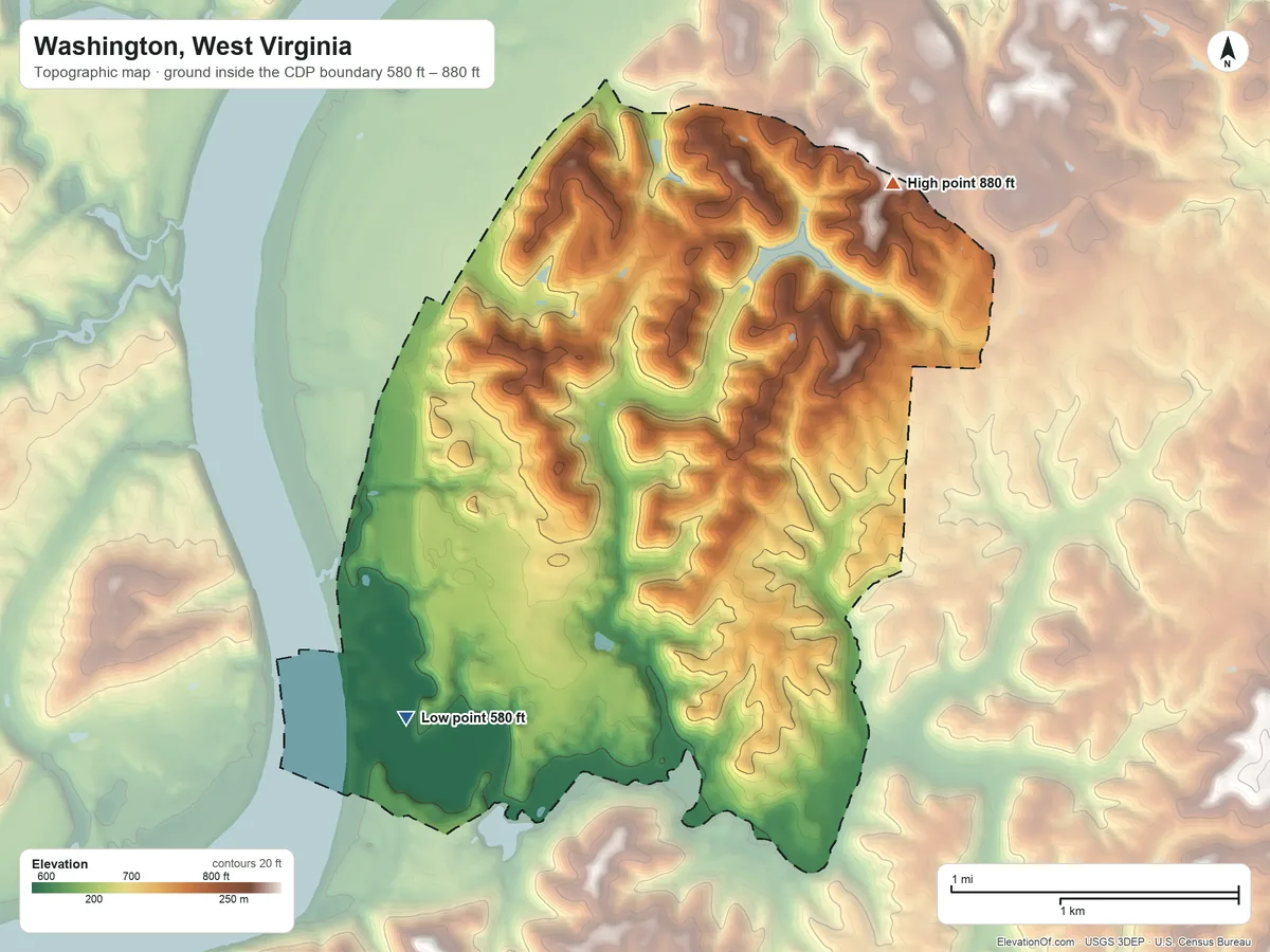Topographic elevation map of Washington, West Virginia, shaded from 580 ft on the southwest side to 880 ft on the northeast side