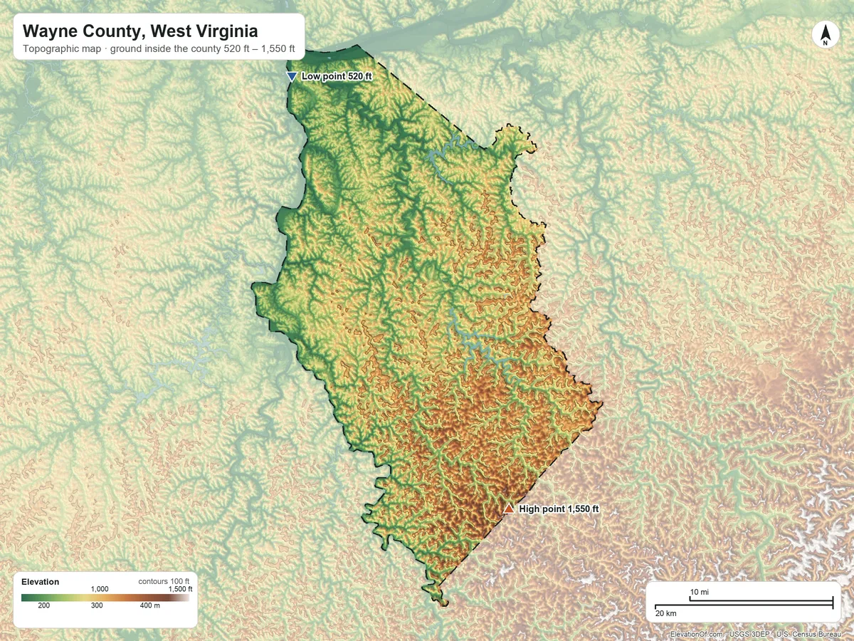 Topographic elevation map of Wayne County, West Virginia, shaded from 520 ft on the northwest side to 1,550 ft on the southeast side