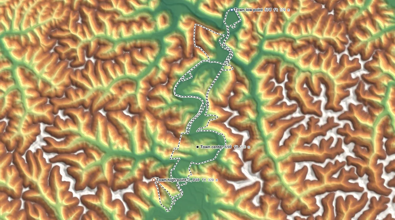 Topographic elevation map of Wayne, West Virginia, shaded from 570 ft on the north side to 1,040 ft on the southwest side