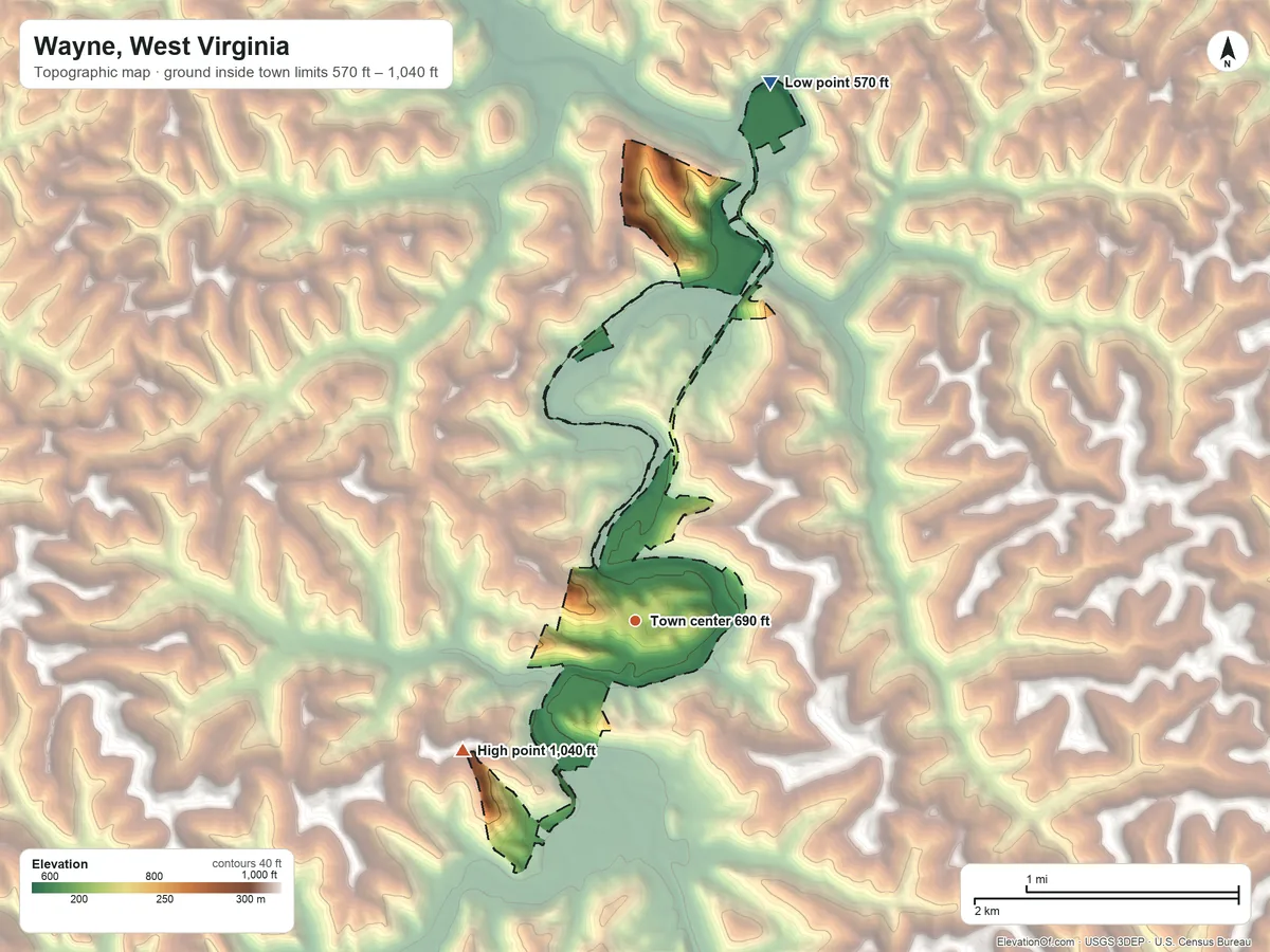 Topographic elevation map of Wayne, West Virginia, shaded from 570 ft on the north side to 1,040 ft on the southwest side