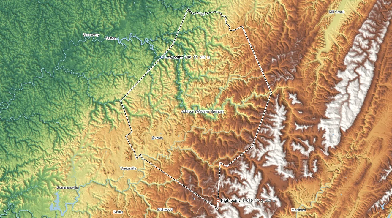 Topographic elevation map of Webster County, West Virginia, shaded from 940 ft on the northwest side to 4,020 ft on the south side