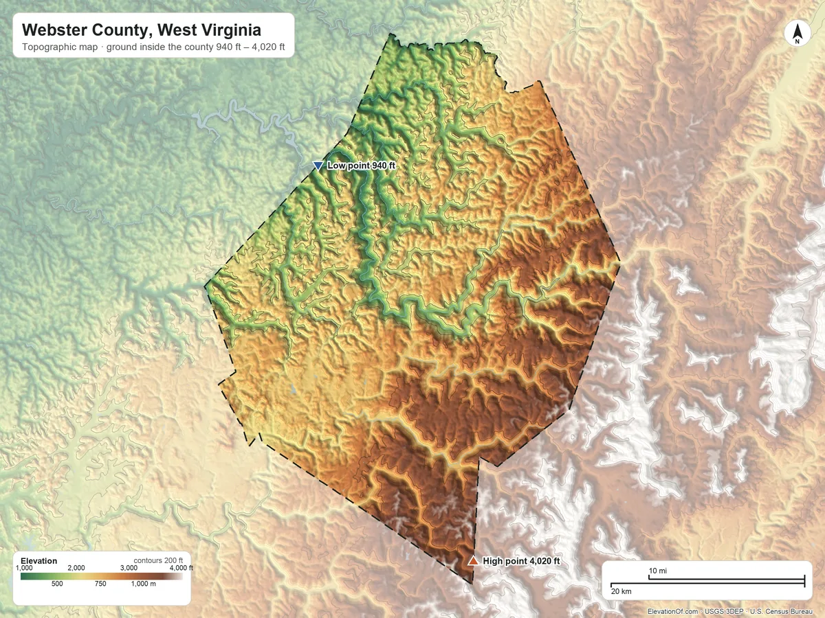 Topographic elevation map of Webster County, West Virginia, shaded from 940 ft on the northwest side to 4,020 ft on the south side